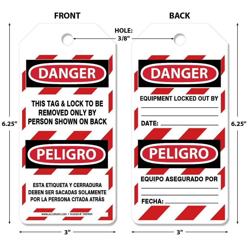 AccuformNMC 100 Lockout Tags by-The-Roll, Bilingual Danger This Tag & Lock to Be Removed Only by Person Shown On Back, US Made OSHA Compliant, Waterproof PF-Cardstock, Resists Tears, 6.25"x3", TAR464 - Image 2